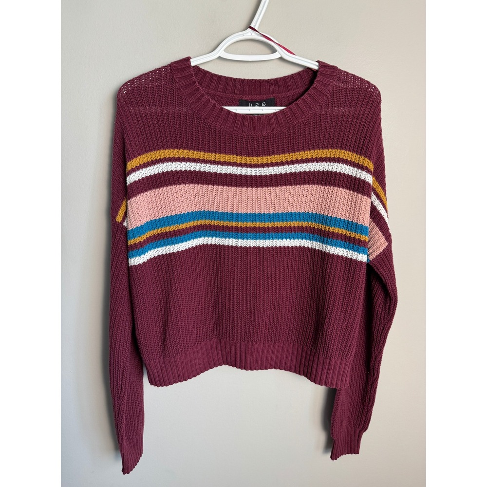 U2B Womens Maroon Striped Knit Cropped Sweater Size L Boho Retro Indie Casual